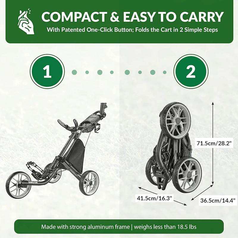 Caddytek CaddyLite EZ V8 Lightweight 3-Wheel Foldable Golf Push Cart – One-Click Two-Step Fold, EVA Wheels, Adjustable TPR Handle, Cooler Basket, Umbrella & Drink Holders, Compact Golf Trolley