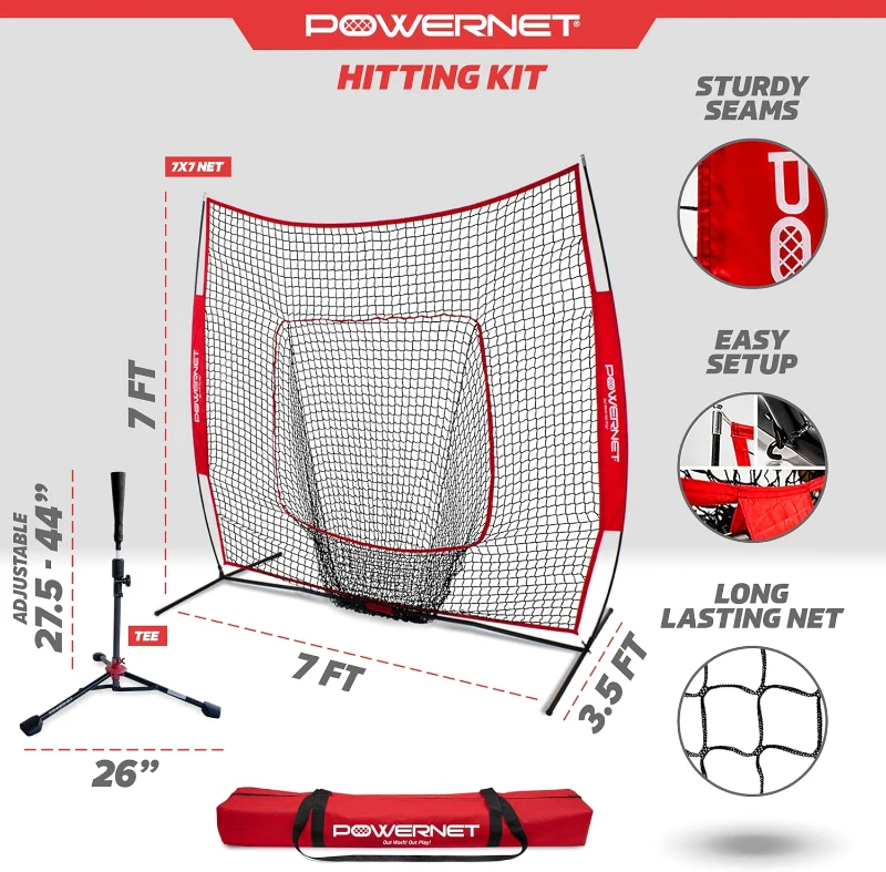 PowerNet 7' x 7' Baseball & Softball Practice Net — Red with Deluxe Adjustable Tee, Carry Bag and Fast Setup