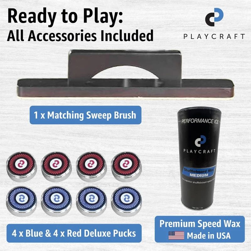 Playcraft Georgetown Shuffleboard Table with Built-In Storage Cabinet, Matching Abacus, 8 Pucks, Brush & Wax - Hand-Stained Burnished Finish with Pro Climate Adjusters