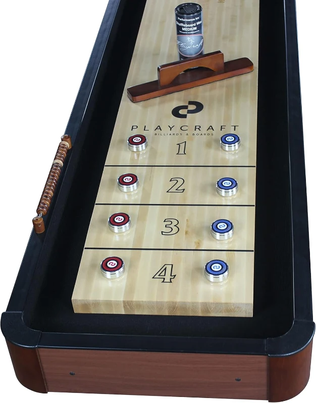 Playcraft Woodbridge Shuffleboard Table w/ In-Leg Storage Cabinet — Complete Set (Abacus, 8 Pucks, Brush & USA Speed Wax) — Pro-Style Climate Adjusters