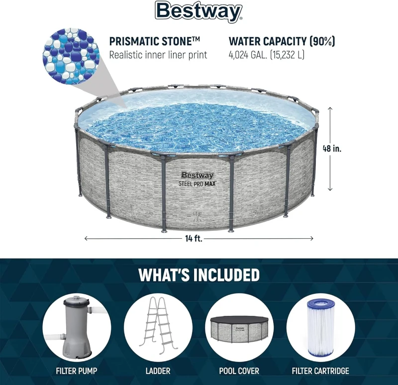 Bestway Steel Pro MAX 14-Foot x 48-Inch Round Above-Ground Pool Set with Metal Frame, Model 58388E Filter Pump, Ladder and Cover, Gray