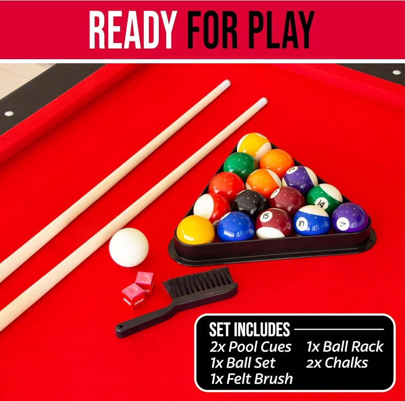 GoSports Mid-Size Billiards Table — 6, 7, or 8 ft Options — Portable, No-Assembly Pool Table with Full Accessory Set (Includes Balls, 2 Cues, Chalk & Felt Brush)