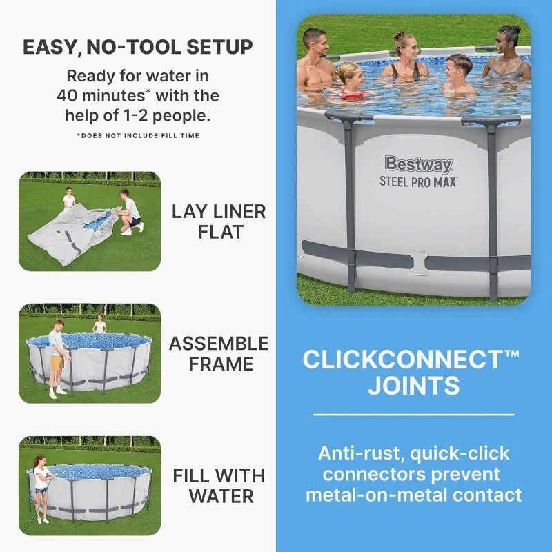 Bestway Steel Pro MAX 14-Foot x 48-Inch Round Above-Ground Pool Set, Gray — Metal Frame with Filter Pump, Ladder & Cover