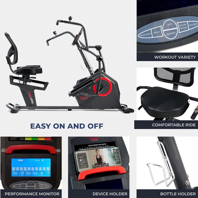 Sunny Health & Fitness Elite Recumbent Cross Trainer — Recumbent Elliptical with Arm Exercisers, Easy-Adjust Seat & Mesh Backrest, Electromagnetic Resistance, Bluetooth & SunnyFit App