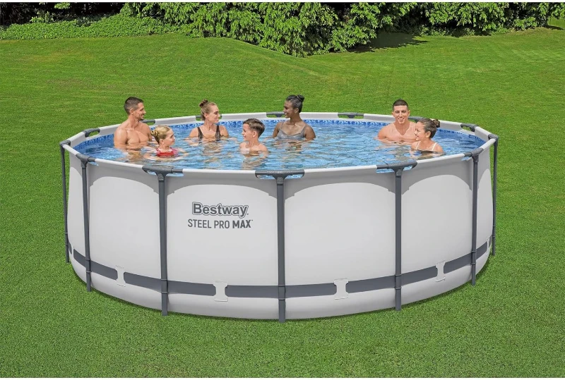 Bestway Steel Pro MAX 14-Foot x 48-Inch Round Above-Ground Pool Set, Gray — Metal Frame with Filter Pump, Ladder & Cover