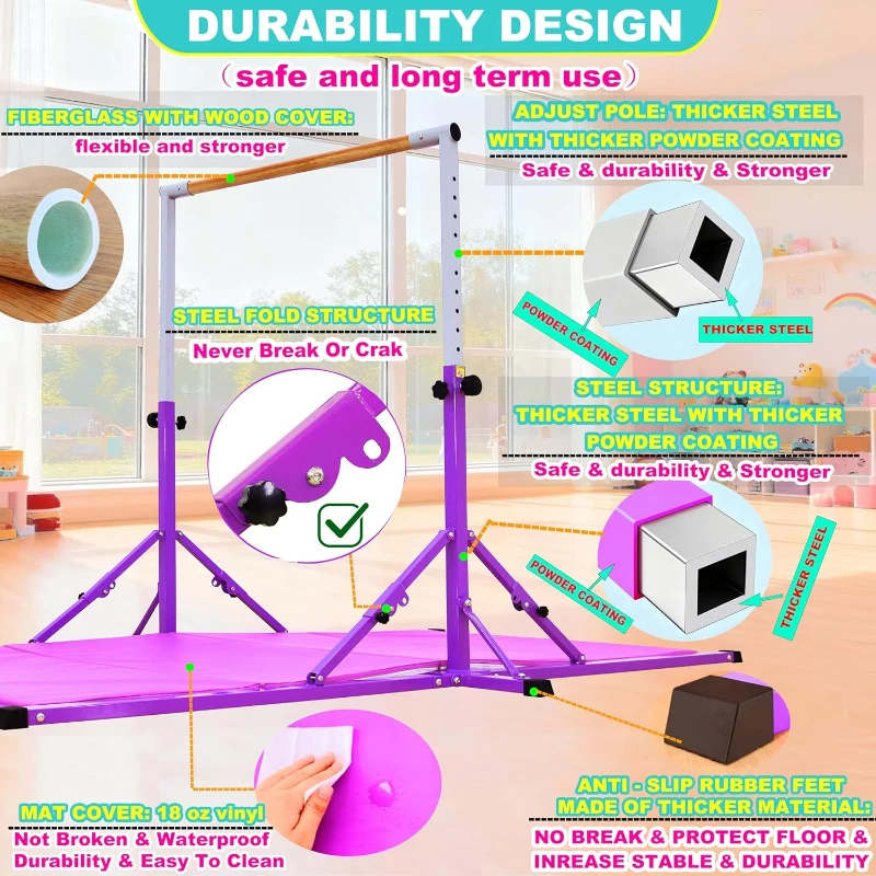 Marfula Foldable Gymnastics Kip Bar for Kids & Teens (Ages 3-25) - 5Ft/8Ft Base, 4Ft Width, 5Ft Adjustable Height - Professional Training Equipment for Home & Club