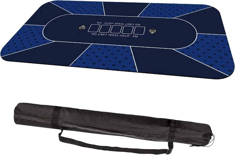 70 x 35 Inch Blue Poker Mat — 6-8 Player Texas Hold'em Rubber Topper with Carrying Bag, Portable Folding Poker Table Top
