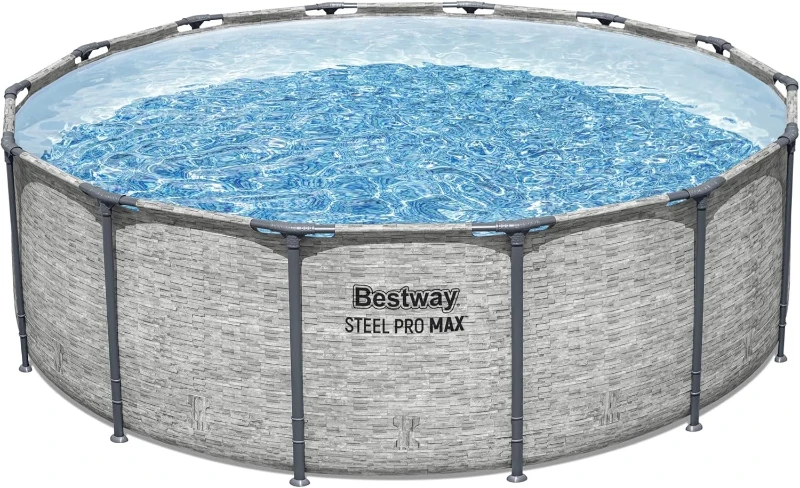 Bestway Steel Pro MAX 14-Foot x 48-Inch Round Above-Ground Pool Set with Metal Frame, Model 58388E Filter Pump, Ladder and Cover, Gray