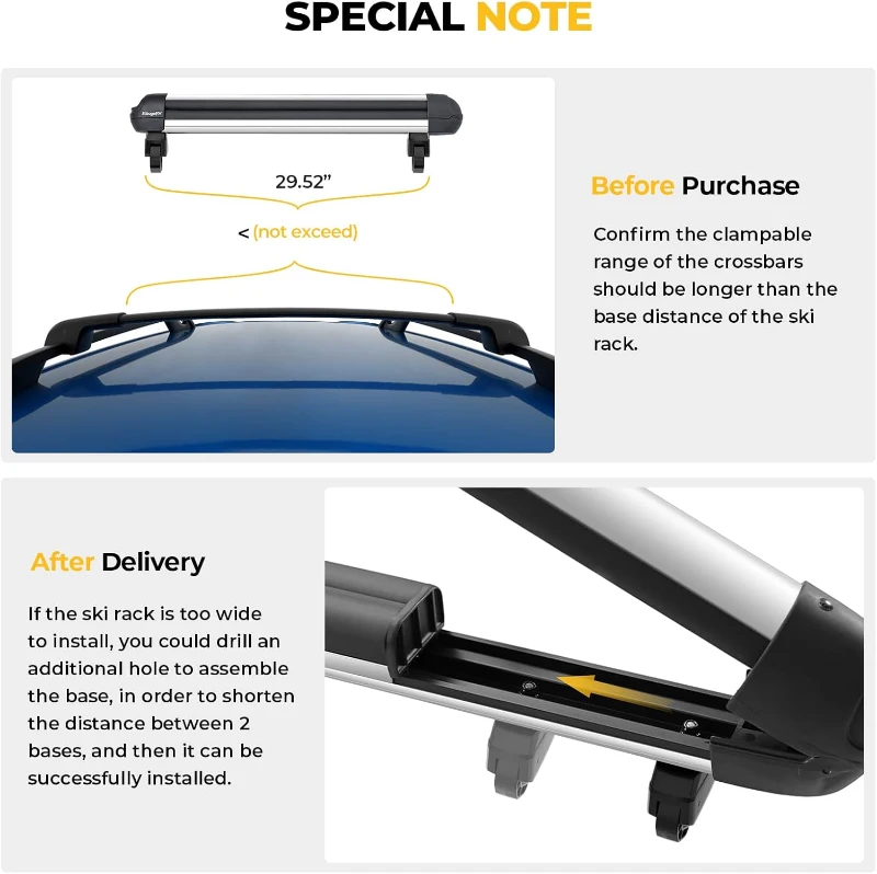 BougeRV Lockable Ski & Snowboard Rack — 28"" Sliding Extension, Holds 6 Pairs of Skis or 4 Snowboards, Crab-Style Mount for Square/Aero/Oval Crossbars