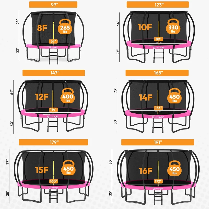 JUMPZYLLA Recreational Trampoline with Net and Ladder — 8/10/12/14/15/16 FT, ASTM F381-16 Approved, Rust-Resistant Coated Frame
