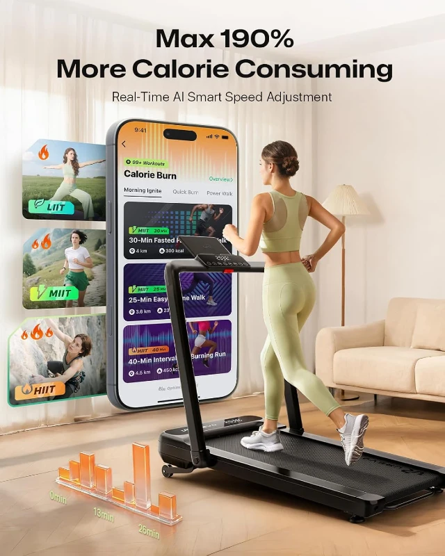 UREVO Smart Treadmill with 9% Auto Incline, UREVO App, AI-Powered Music Courses, HIIT Programs & One-Click Mute