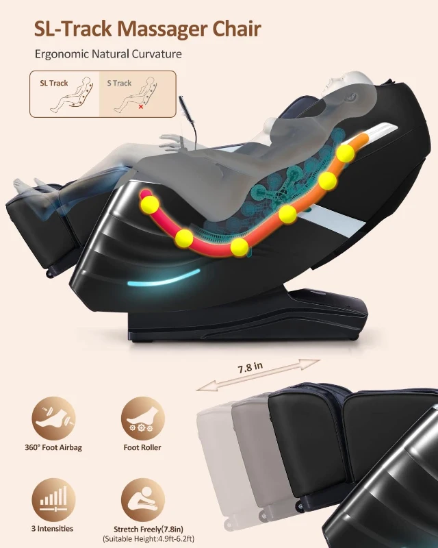 RELX 2025 Full-Body Massage Chair – 15-Mode Zero Gravity SL-Track Shiatsu Recliner with Built-In Heat, Airbag Body Scan, Deep Yoga Stretch, Calfrest Extension & AI Control (Black)