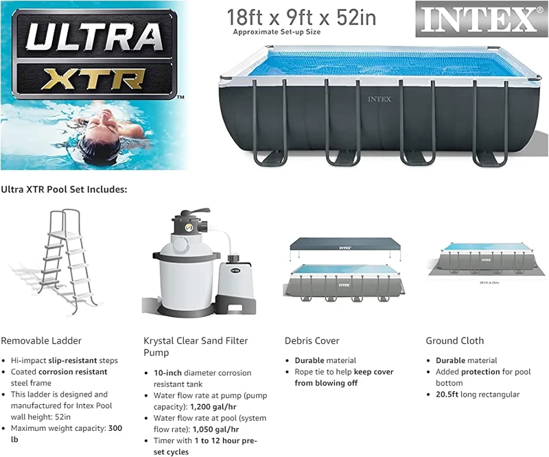 Intex Ultra XTR Rectangular Frame Pool Set — 18' x 9' x 52"" with Pump (45-Inch Deep)