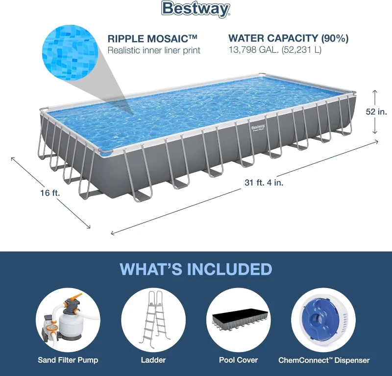 Bestway Power Steel 31 ft 4 in x 16 ft x 52 in Rectangular Metal Frame Above-Ground Pool Kit with 2,200 GPH Sand Filter, Ladder and Cover - Grey