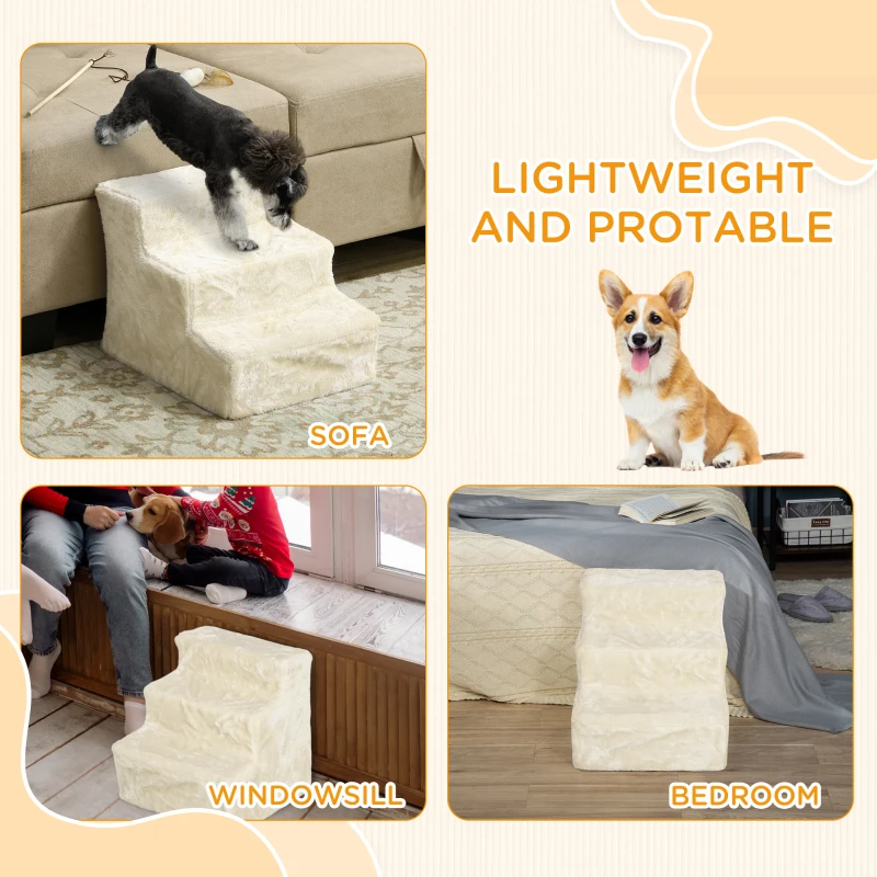 PawHut 3-Step Dog Ramp for Sofa, Bed, and Couch, Pet Steps Ladder with Removable Cover, Beige