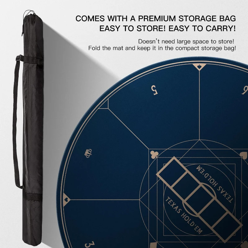 YUZPKRSI 47 Inch Round Poker Mat - Neoprene & Rubber Texas Hold'em Table Top, Portable with Carrying Bag, Casino Card Game Surface