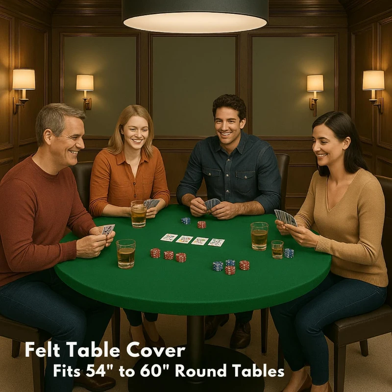 Felt Game Table Cover — Elastic Fitted Green Top for 58–64"" Round Tables, Ideal for Poker, Mahjong, Dominoes, Bridge