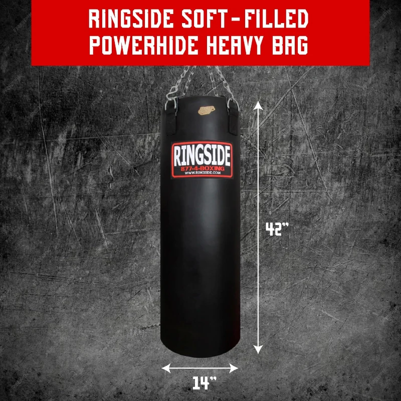 Ringside Powerhide 100 lb Soft-Filled Heavy Bag — 14 x 42 Inch, Durable Punching Bag with Chain & Swivel