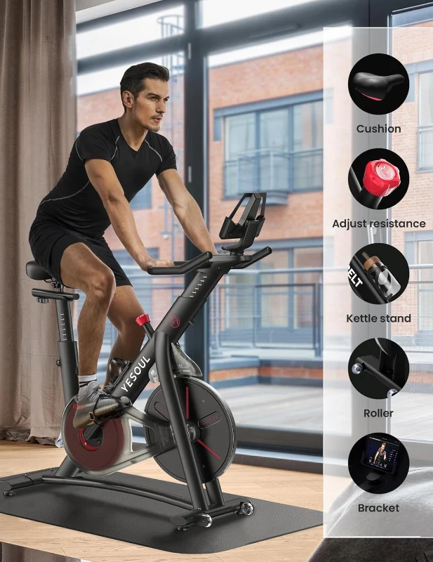 Yesoul Magnetic Indoor Cycling Bike – Black & White Smart Stationary Bike with 10"" Tablet Mount, Quiet Resistance, Comfortable Seat for Home Workouts