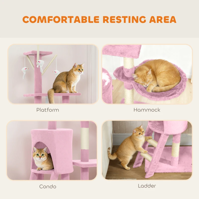 PawHut 53" Cat Tree Tower, Kitten Activity Centre with Scratching Posts, Condo, Perches, Ladder, Hammock, Dangling Toys, Pink