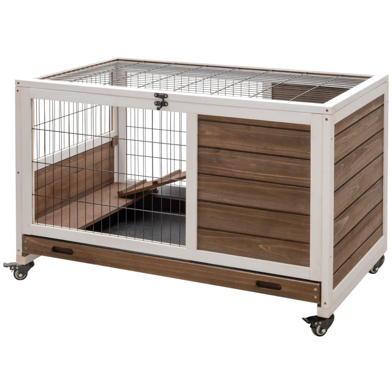 PawHut Wooden Indoor Rabbit Hutch Elevated Bunny Cage Habitat with Enclosed Run with Wheels, Ideal for Rabbits and Guinea Pigs, Brown