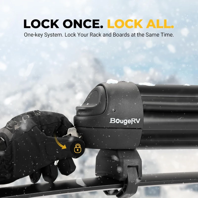 BougeRV Lockable Ski & Snowboard Rack with 28"" Sliding Extension — Crab Mounting System, Fits 6 Pairs of Skis or 4 Snowboards for Square/Aero/Oval Bars