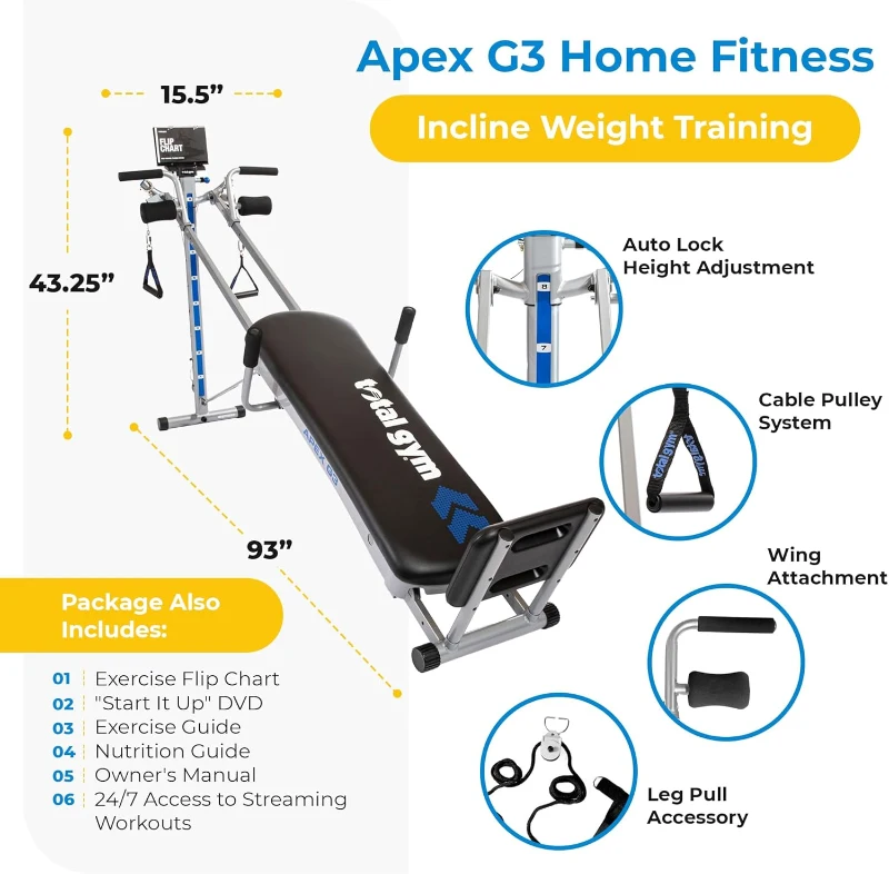 Total Gym APEX G3 Incline Trainer — Foldable Home Exercise System with 8 Resistance Levels and 70+ Exercises, Heavy-Duty for Indoor Training