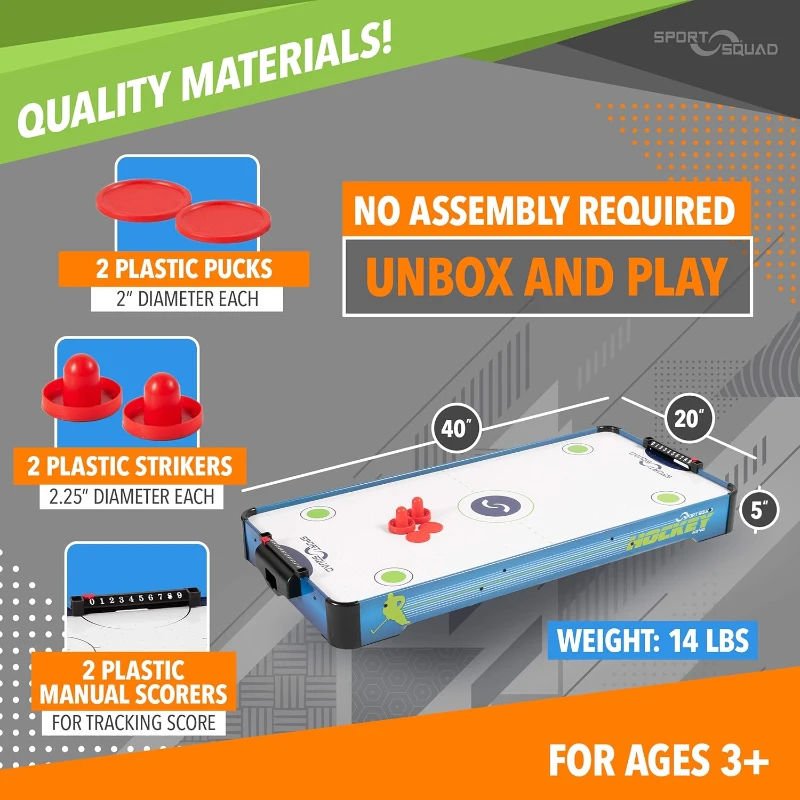 Sport Squad HX40 40"" Tabletop Air Hockey Game for Kids & Adults - Electric Fan Motor, Includes 2 Pushers and 2 Pucks - Portable for Floor, Tabletop or Dorm