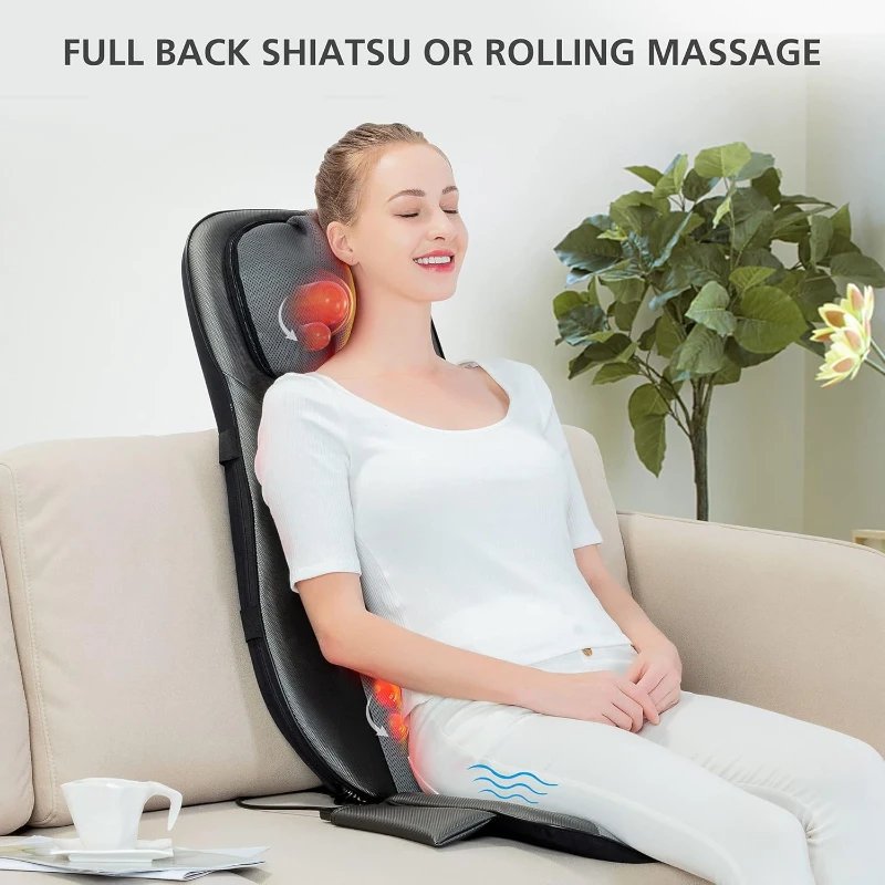 Snailax Shiatsu Neck & Back Massager with Heat — Full-Back Kneading and Rolling Massage Chair Pad with Height Adjustment