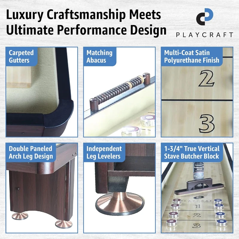 Playcraft Woodbridge Shuffleboard Table with Built-In Storage Cabinet — Game Set with Matching Abacus, 8 Pucks, Brush & USA Speed Wax — Pro-Style Climate Adjusters