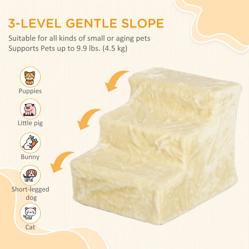 PawHut 3-Step Dog Ramp for Sofa, Bed, and Couch, Pet Steps Ladder with Removable Cover, Beige