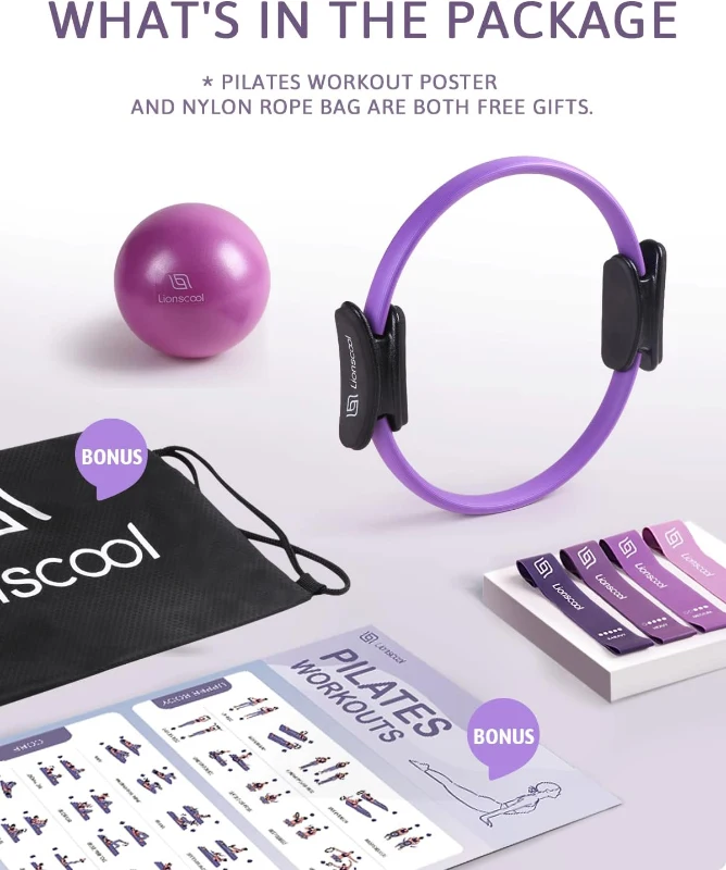 LIONSCOOL 14"" Pilates Magic Circle Set with Padded Handles, Anti-Burst Mini Ball, Resistance Bands, Guide & Storage Bag