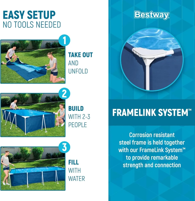 Bestway Steel Pro Rectangular Above-Ground Pool 9'10"" x 6'7"" x 26"" with Flowclear 330 GPH Pump, DuraPlus Liner – 827 Gallon Set