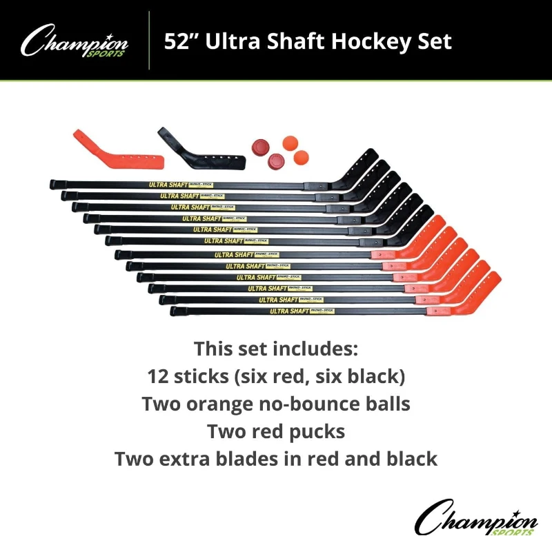 Champion Sports Ultra Shaft Hockey Set - 52-inch Polyethylene Shafts with Reinforced Blades, 12 Sticks & Accessories