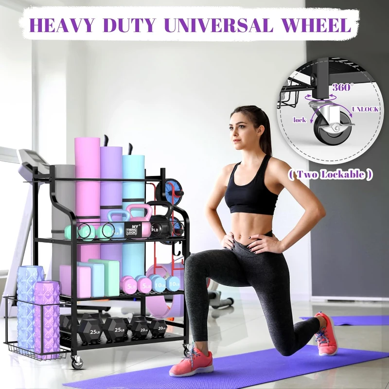 Mythinglogic Home Gym Storage Rack — Yoga Mat & Equipment Organizer with Hooks, Side Basket, 3 Mesh Shelves and Locking Wheels