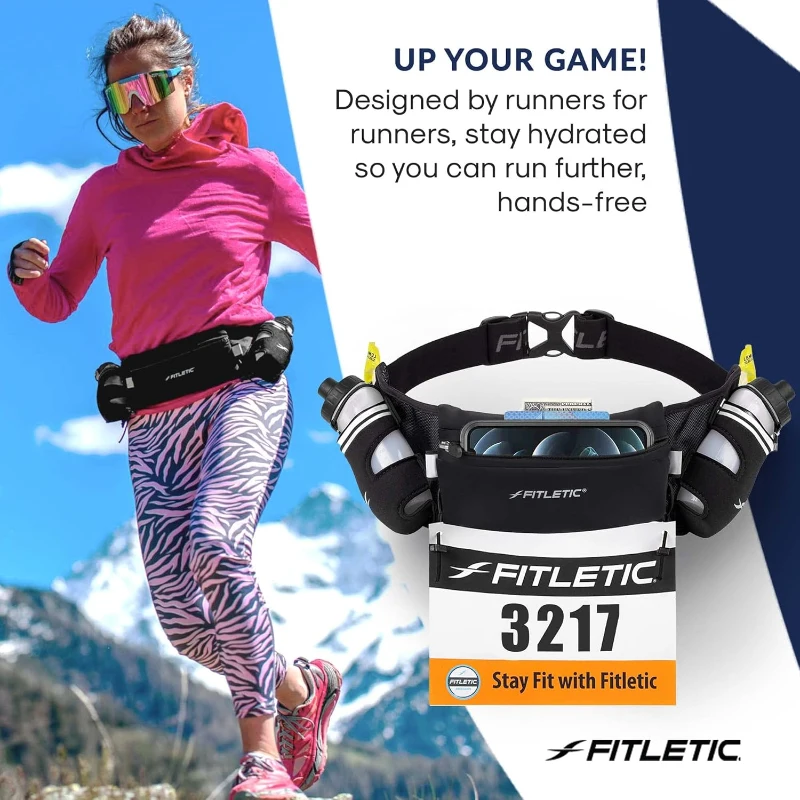Fitletic Hydra 16 Hydration Running Belt for Men & Women with 2 x 8oz Quick-Flow Bottles — Patented Bounce-Free Neoprene Pouch Fits All Phones