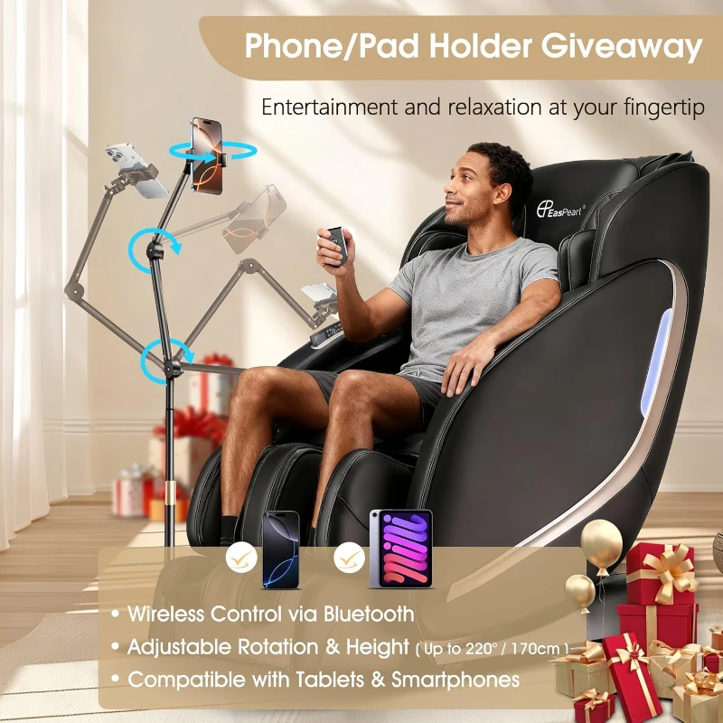 EASPEARL 2025 Full-Body SL-Track Massage Chair — Zero Gravity with Heat, App Control, Airbags, Bluetooth Speaker, 12 Auto Modes, 3-Row Foot Rollers, Body Scan (Black)