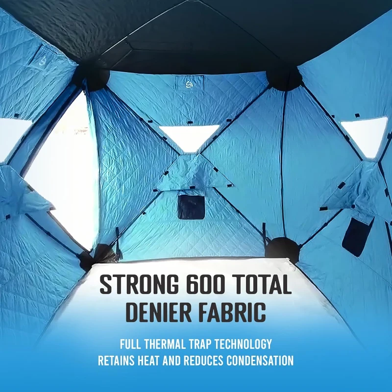 CLAM Double-Hub Portable Ice Fishing Thermal Shelter with Anchors, Tie Ropes and Carry Bag