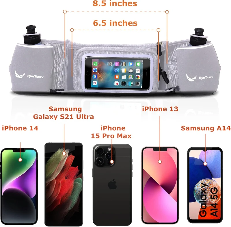 No.1 Hydration Belt by Runtasty - Elite Running Fuel Belt w/2 BPA-Free 10 oz Bottles, Tilt-Up Touchscreen Pocket, Fits All iPhones, Includes Runners Ebook & No-Bounce Fit
