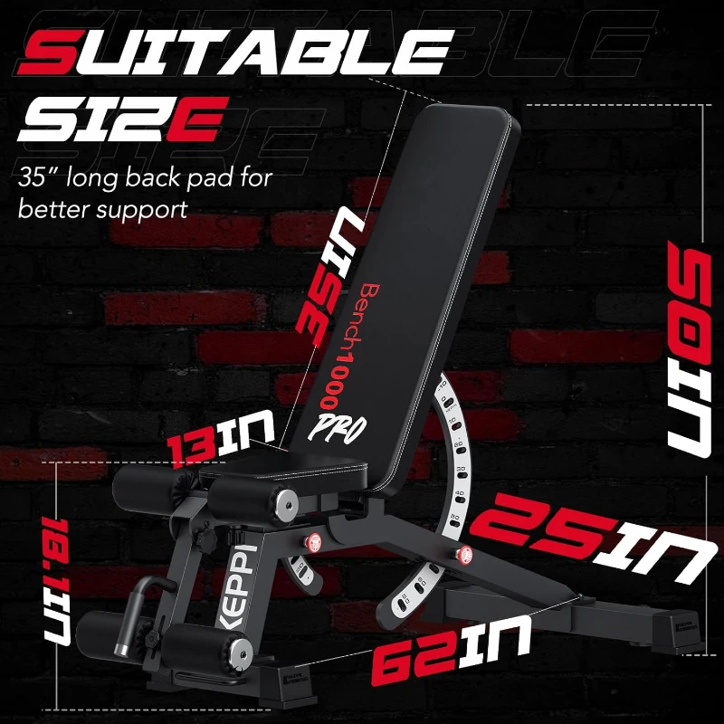 KEPPI Bench1000 PRO Adjustable Weight Bench – Heavy Duty 1200 lb Capacity, 36+ Position Incline/Flat/Decline, Removable Foot Catch, Home Gym