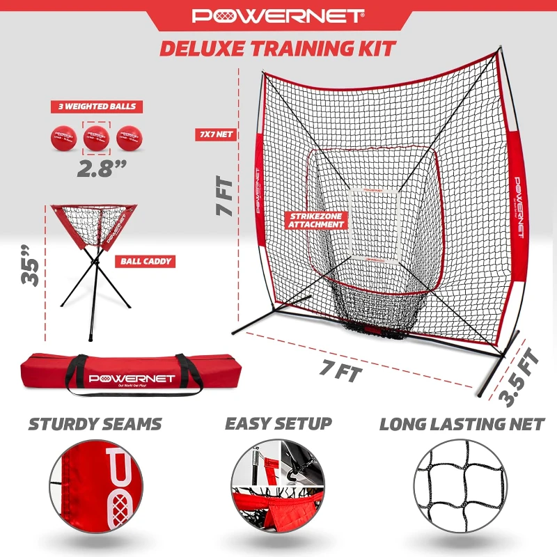 PowerNet 7x7 Deluxe Training Kit (Red) — Pitching Net with Ball Caddy, 3 Weighted Balls & Strike Zone