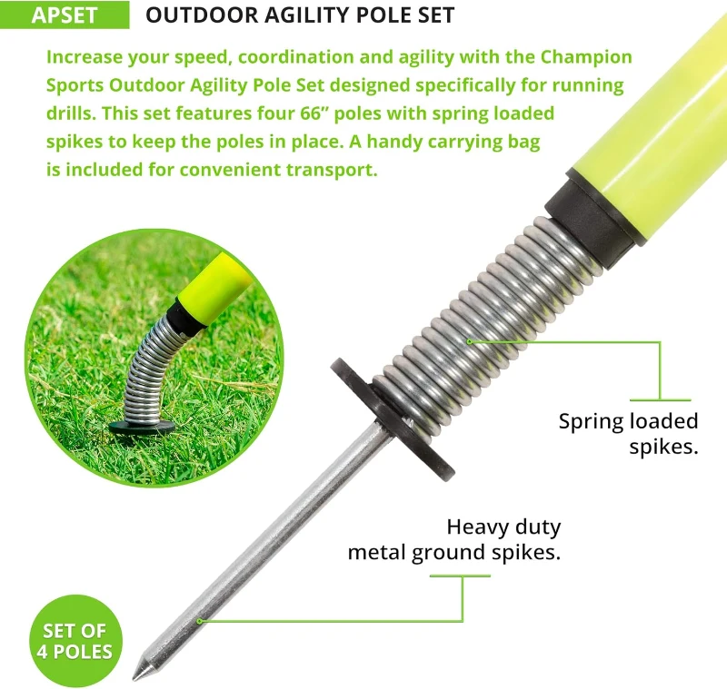 Champion Sports APSET Outdoor Agility Pole Set – Four 66-inch Yellow Poles with Spring-Loaded Ground Spikes and Carry Bag