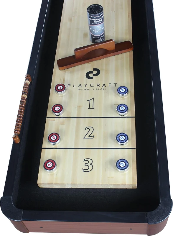 Playcraft Woodbridge Shuffleboard Table with Storage Cabinet — Pro-Style Table Set (Made in USA) with 8 Pucks, Abacus, Brush & Wax