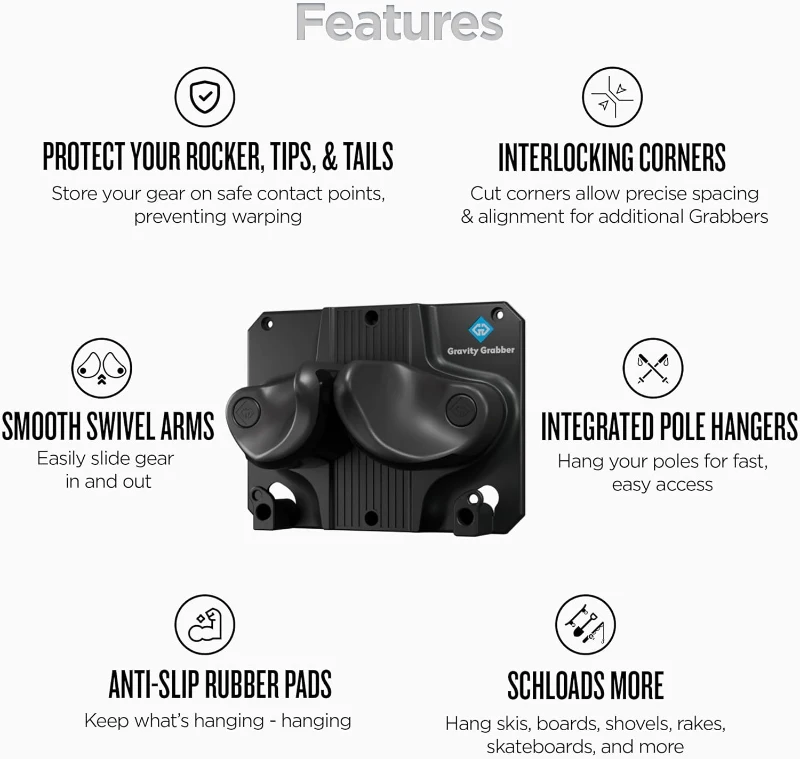 Gravity Grabber 3x Wall Storage Rack - Fits Any Ski or Snowboard, Damage-Free Gravity-Lock Design, Black