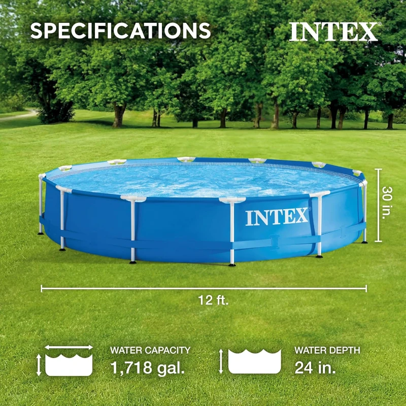 Intex Metal Frame Round Above-Ground Family Pool, 12 ft x 30 in, Blue — for Ages 6 and Up