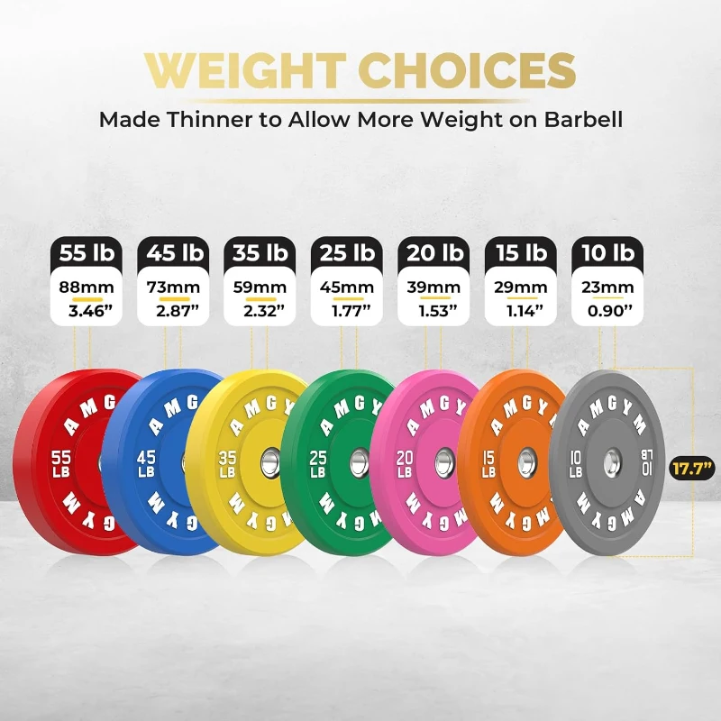 2-Inch Olympic Bumper Plates Set (10–500 lbs Options) — Natural Rubber Barbell Weights for Home Gym, Strength Training & Weightlifting, Color-Coded