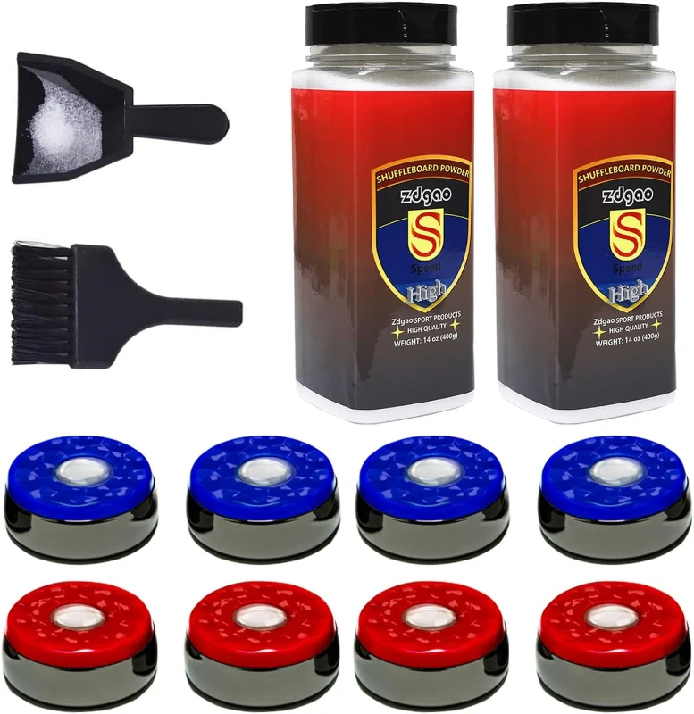 Complete Shuffleboard Accessories Bundle - 8 Pucks, 2 Cans Wax (14 oz), Mini Brush & Dustpan