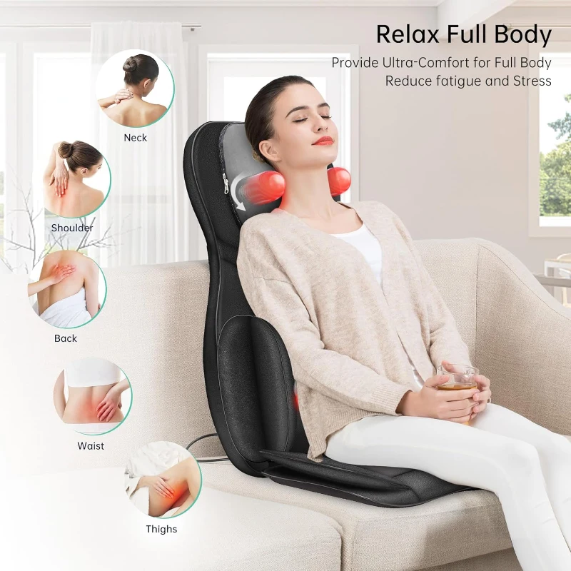 Snailax Adjustable Shiatsu Neck & Back Massager with Heat — Full-Body Massage Chair Pad with Rolling, Compression, Shiatsu Kneading & Vibration — Upgrade