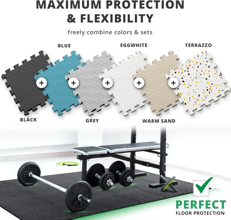 bemaxx 54-Piece EVA Interlocking Gym Floor Tiles (12.6"" x 12.6"" x 0.4"") – 54 sq ft Protective Puzzle Flooring with Edge Pieces for Home Gym