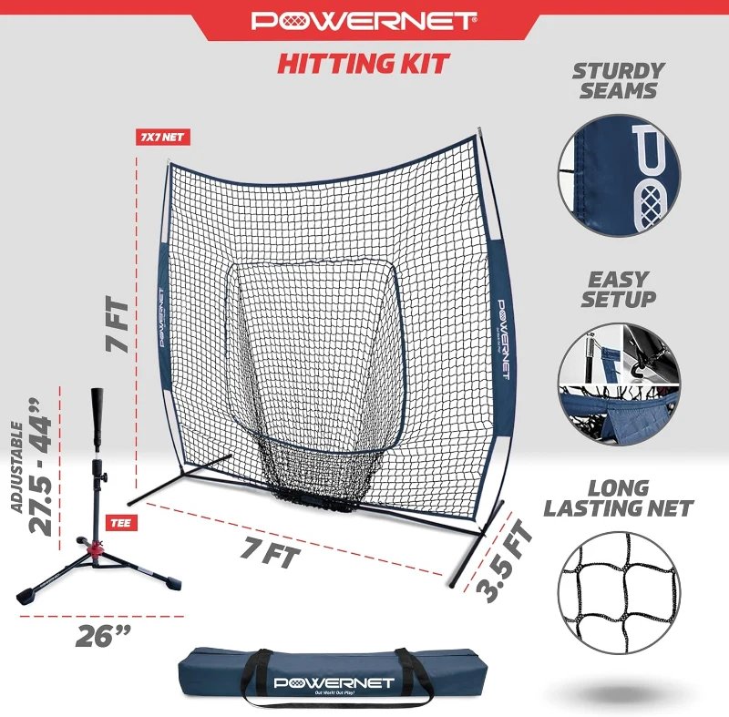 PowerNet 7x7 Practice Net & Adjustable Deluxe Tee Bundle (Navy) with Carry Bag